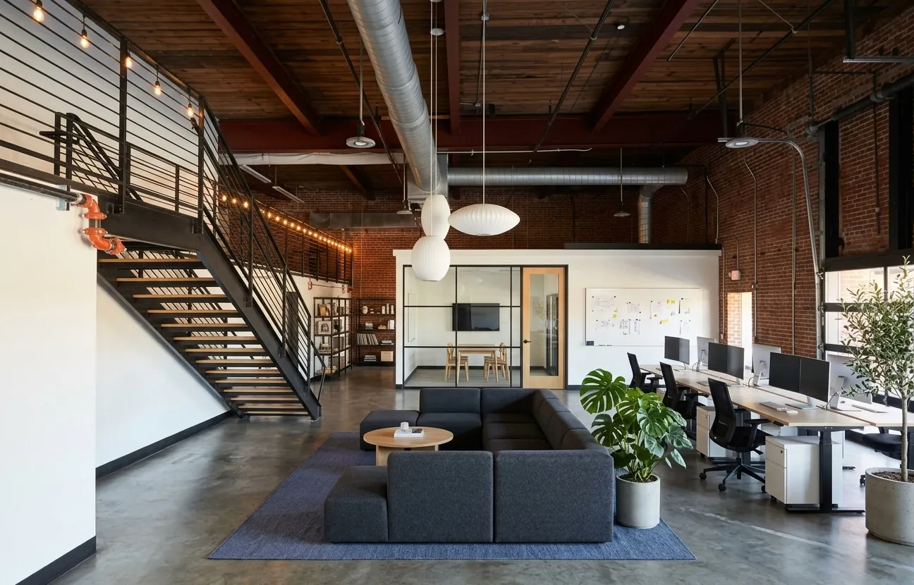 Concept image for Suite 140B: open-plan workstations, lounge and mezzanine conference room under heavy timber and exposed brick